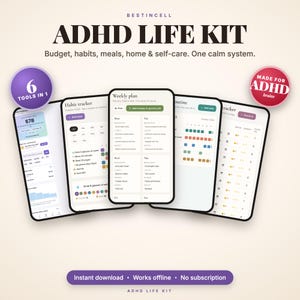 ADHD Life Kit, ADHD Budget App Pro, Habit Tracker, Meal Planner, Cleaning Routine, Self Care Journal, Planner Bundle, Works Offline