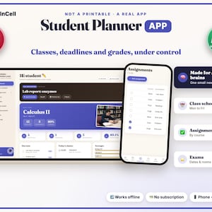 Student Planner App, Assignment Tracker, Class Schedule, Grade Tracker, Exam Planner, College Planner, Study Tracker, Works Offline