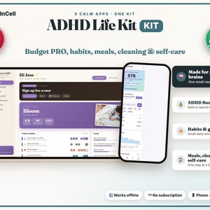 ADHD Life Kit, ADHD Budget App Pro, Habit Tracker, Meal Planner, Cleaning Routine, Self Care Journal, Planner Bundle, Works Offline