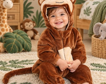 Déguisement de singe en peluche pour tout-petit, combinaison à capuche, tenue d'Halloween (fermeture éclair sur le devant)