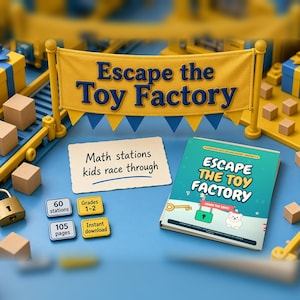 Könnte beinhalten: Ein digitales Mathe-Aktivitätsset mit dem Titel Escape the Toy Factory, bestehend aus einem Buch mit türkisfarbenem Einband, einem Banner, einem Metallvorhängeschloss und kleinen quadratischen Karten mit der Aufschrift 60 stations, Grades 1-2, 105 pages und Instant download.
