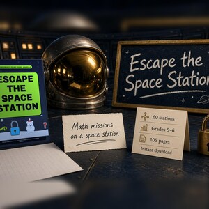 Könnte beinhalten: Ein Escape-Spiel-Set für den Unterricht mit dem Titel Escape the Space Station, bestehend aus einer dunkelblauen Mappe, einer Tafel, einem Vorhängeschloss aus Messing und Infokarten. Das Set enthält 60 Stationen, 105 Seiten und Mathe-Missionen.