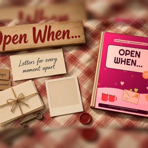 Könnte beinhalten: Ein Set von Open When Briefen mit einem rosa Buch mit dem Text Open When, einem Holzschild mit dem Text Open When, einer Karte mit dem Text Letters for every moment apart, zwei Anhängern mit 27 pages und Instant download, Umschlägen, einem Schlüssel und einem Fotorahmen.
