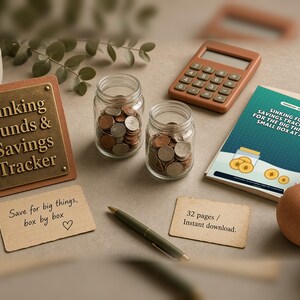 Könnte beinhalten: Ein Sinking Funds & Savings Tracker Schild, zwei mit Münzen gefüllte Gläser, ein brauner Taschenrechner, ein Sparplan-Heft, ein Stift und zwei Karten mit dem Text Save for big things, box by box und 32 pages / Instant download.