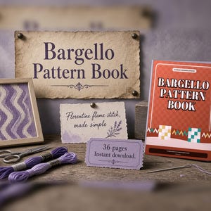 Puede incluir: Un libro de patrones Bargello con portada roja, una pieza de bordado ondulado morado y blanco enmarcada, dos madejas de hilo morado, tijeras, una aguja y tarjetas con el texto Bargello Pattern Book, Florentine flame stitch, made simple, y 36 pages Instant download.