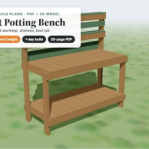 May include: A 5 ft potting bench digital build plan featuring a slatted worktop, lower shelf, and tool rail. The text reads: DIY BUILD PLANS, PDF + 3D MODEL, 5 ft Potting Bench, Slatted worktop, shelves, tool rail, 36 inch work height, 1-day build, 20-page PDF.