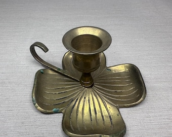 Vintage Brass Flower Chanberstick Candle Holder with Finger Loop Made in India