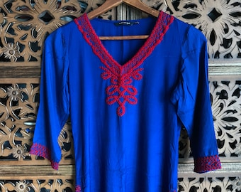 Women's Blue and Red Embroidered Hippie Boho Indian Tunic Top Coverup