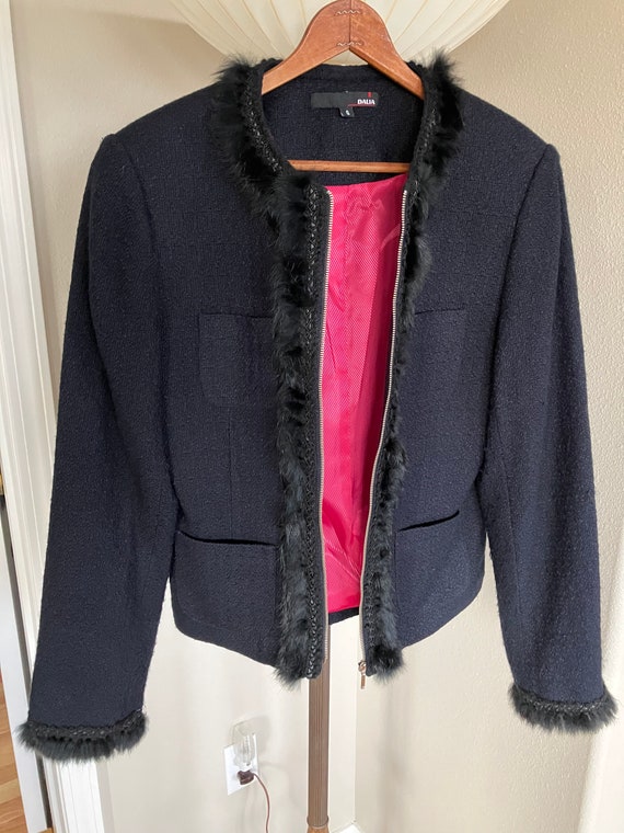 Black Collarless Blazer with Fur Trim Size 4 - image 1