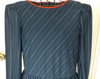 Vintage 1980s Navy and Red Puff Sleeve Midi Dress Size Medium