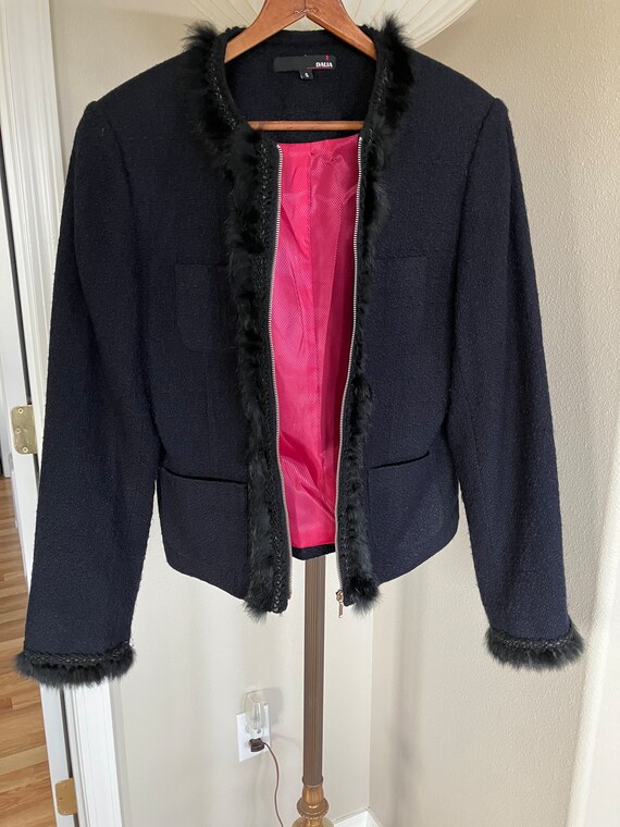 Black Collarless Blazer with Fur Trim Size 4 - image 6