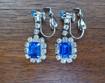 Vintage Cobalt Blue Sapphire Rhinestone Clip Earrings