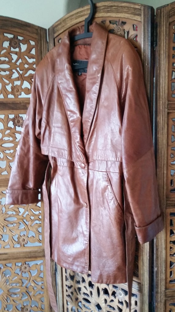 VTG Hub Leather Women's Green Tan Collarless Zipper Trench Coat – Medium