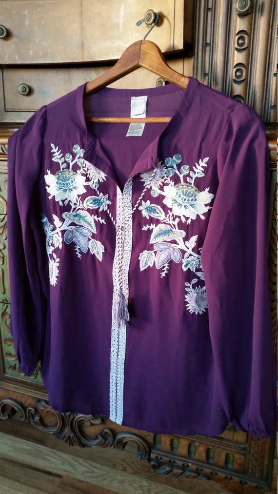 Purple Embroidered Hippie Boho Blouse Top Size Me… - image 7