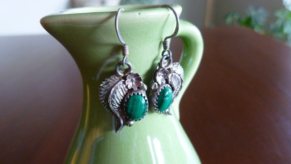 Sterling Silver Malachite Feather Dangle Earrings - image 2