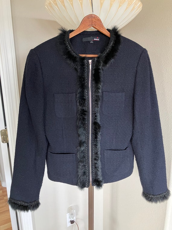 Black Collarless Blazer with Fur Trim Size 4 - image 2