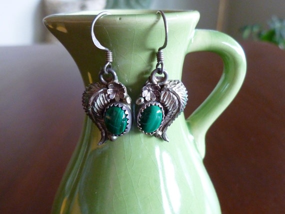 Sterling Silver Malachite Feather Dangle Earrings - image 1