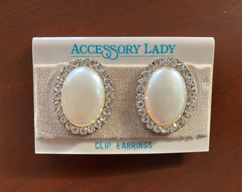 Large Pearl and Rhinestone Oval Clip Earrings