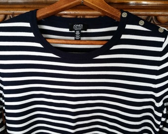 Women's Navy Blue and White Striped Nautical Sailor Sweater Size Medium