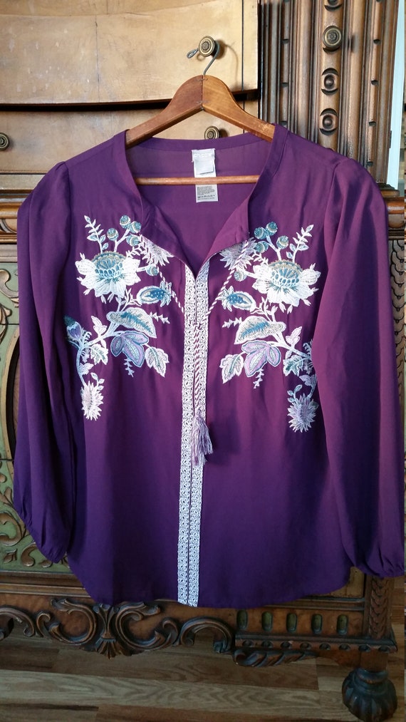 Purple Embroidered Hippie Boho Blouse Top Size Me… - image 3