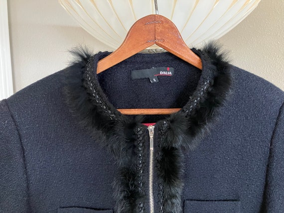 Black Collarless Blazer with Fur Trim Size 4 - image 3