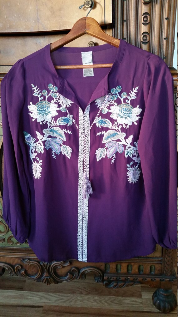Purple Embroidered Hippie Boho Blouse Top Size Me… - image 5