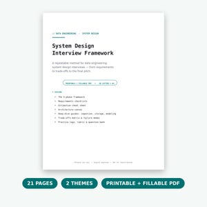 System Design Interview Framework Pack, Data Engineering Interview Prep, Printable PDF Worksheets