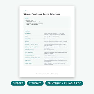 SQL Window Functions Cheat Sheet PDF, Data Engineer Interview Prep, SQL Quick Reference Printable