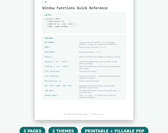 SQLウィンドウ関数チートシートPDF、データエンジニア面接対策、SQLクイックリファレンス印刷可能