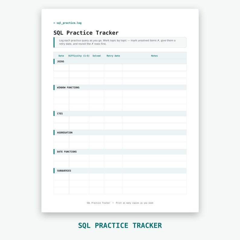 May include: A white SQL Practice Tracker sheet with black text and teal accents. The document includes sections for Joins, Window Functions, CTEs, Aggregation, Date Functions, and Subqueries, with columns for Date, Difficulty, Solved, Retry date, and Notes.