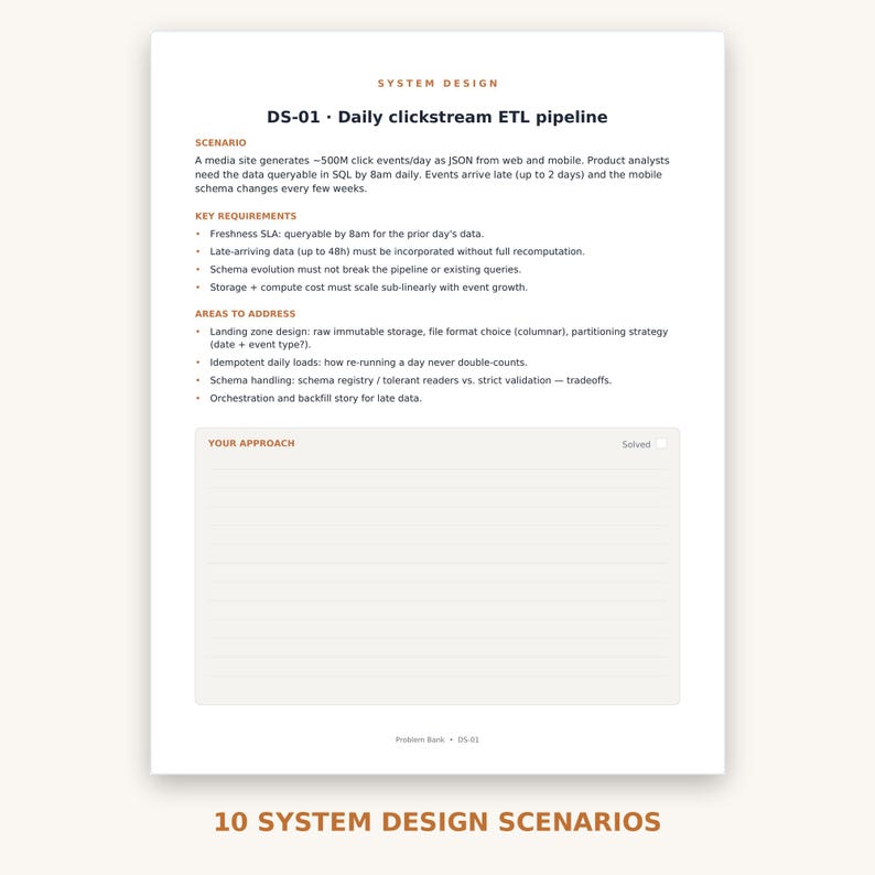 May include: A white document titled System Design DS-01 Daily clickstream ETL pipeline. It outlines a scenario for 500M daily click events, key requirements including freshness and schema evolution, areas to address, and a blank section for your approach.