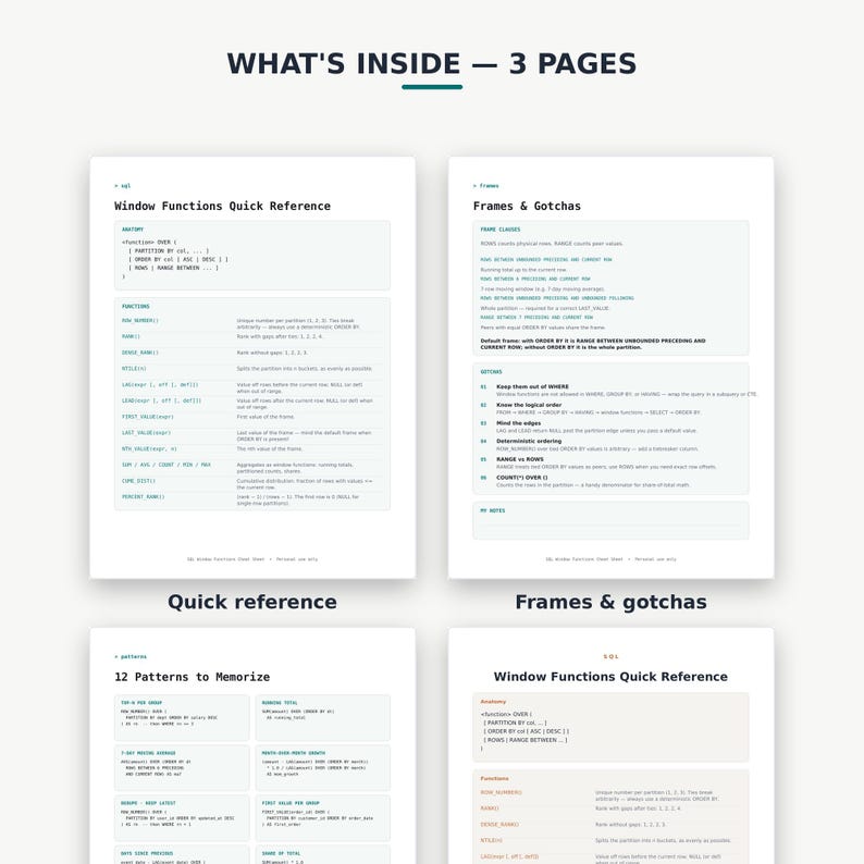 SQL Window Functions Cheat Sheet PDF, Data Engineer Interview Prep, SQL Quick Reference Printable image 3