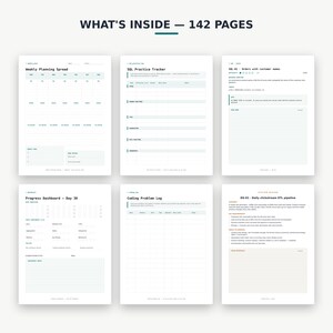 May include: A digital planner layout featuring 142 pages with six distinct templates including a Weekly Planning Spread, SQL Practice Tracker, SQL-01 Orders with customer names, Progress Dashboard, Coding Problem Log, and DS-01 Daily clickstream ETL pipeline.