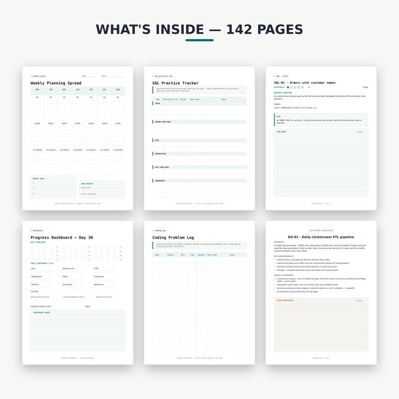 May include: A digital planner layout featuring 142 pages with six distinct templates including a Weekly Planning Spread, SQL Practice Tracker, SQL-01 Orders with customer names, Progress Dashboard, Coding Problem Log, and DS-01 Daily clickstream ETL pipeline.