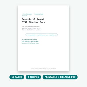 Paquete de preparación para entrevistas conductuales, hojas de trabajo del método STAR, entrevista de ingeniería de datos, PDF imprimible