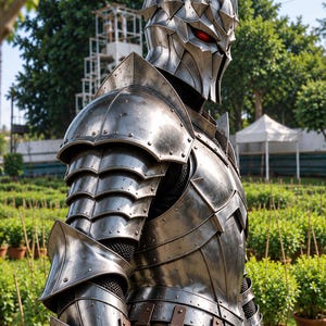 May include: A full suit of polished silver metal plate armor featuring a spiked crown helmet with glowing red eye slits. The armor includes articulated shoulder pauldrons, layered arm plating, and a breastplate with visible rivets.