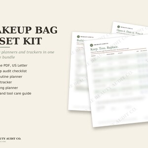 Make-up-Taschen-Reset-Set (druckbares Paket): 5 Beauty-Planer und -Tracker, Tipps zum Ausmisten von Make-up, Hautpflege, Pinselpflege, ausfüllbare PDF-Datei