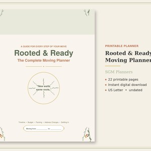 Könnte beinhalten: Ein druckbarer Umzugsplaner mit dem Titel Rooted & Ready, The Complete Moving Planner. Das Cover hat einen cremefarbenen Hintergrund mit dunkelgrünem Text, eine zentrale kreisförmige Grafik mit dem Text New walls, same roots und einen Bereich.