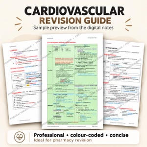 May include: A digital cardiovascular revision guide featuring three pages of medical notes. The text includes sections on stroke management, antiarrhythmic medicines, and hypertension treatment, organised in tables with colour-coded highlights.