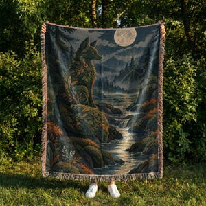 Topiary Fox Guardian Woven Blanket with a Moonlit Woodland Scene