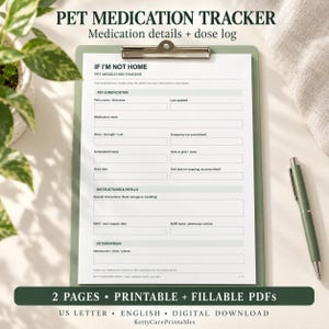 Può includere: Un modulo per il monitoraggio dei farmaci per animali domestici su una cartellina con clip metallica. La carta bianca presenta testo nero che include il titolo IF I'M NOT HOME, PET MEDICATION TRACKER, e sezioni per il nome dell'animale e i dettagli.