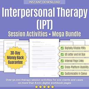 Könnte beinhalten: Ein digitales Arbeitsbuch-Paket mit dem Titel Interpersonal Therapy (IPT) Session Activities Mega Bundle. Das Dokument enthält weiße Seiten mit Text, ein gelbes sternförmiges Abzeichen und grüne Häkchen bei den aufgeführten Punkten.