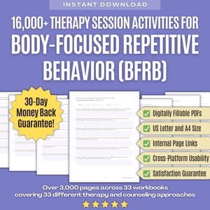 Comportamiento repetitivo centrado en el cuerpo (BFRB, por sus siglas en inglés) • Paquete completo de actividades para sesiones de terapia • Juegos y ejercicios de asesoramiento