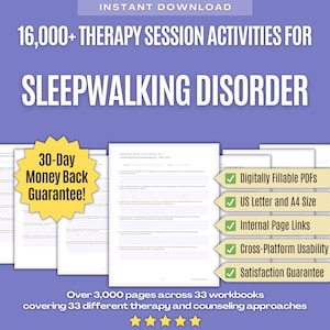 May include: A digital collection of 16,000+ therapy session activities for sleepwalking disorder. The purple graphic displays multiple white document pages, a yellow 30-day money back guarantee star, and five green checkmark feature labels.
