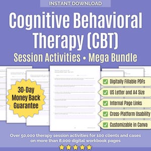 Puede incluir: Un paquete digital de actividades de terapia cognitivo-conductual (TCC) con páginas de libro de ejercicios blancas sobre un fondo morado. El texto incluye "Instant Download", "30-Day Money Back Guarantee" y una lista de características.