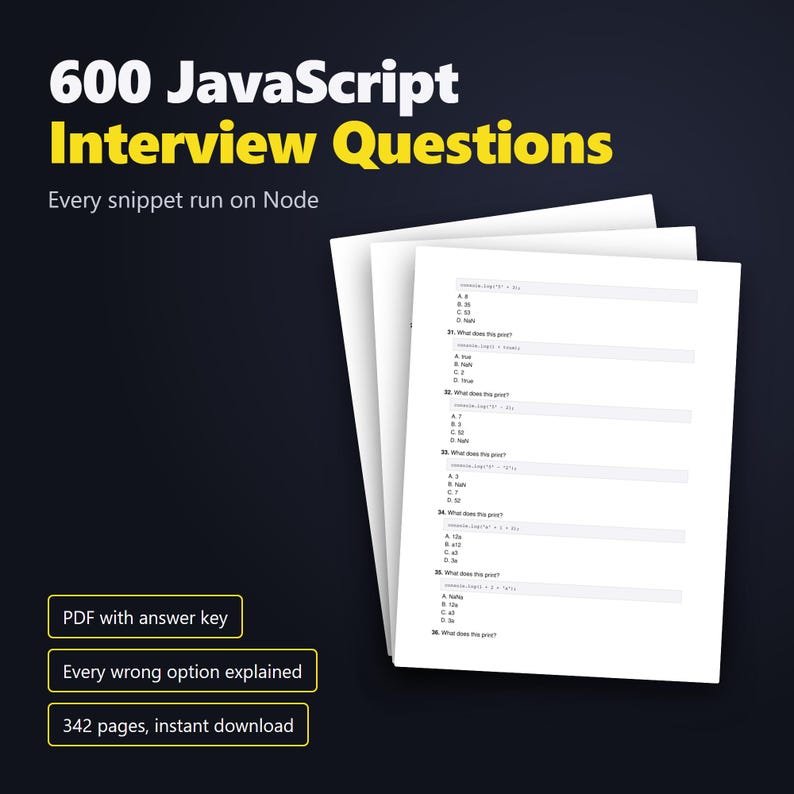 600 JavaScript Interview Questions PDF, Verified Answers Explained, Front End Developer Prep Study Guide image 1