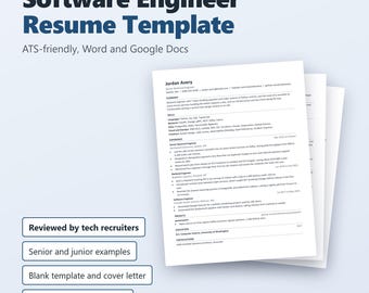 Software Engineer Resume Template, ATS Friendly, Word and Google Docs, Cover Letter and Guide
