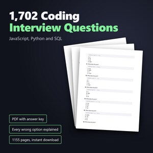 1702 Coding Interview Questions PDF Bundle, JavaScript Python SQL, Verified Answers, Developer Prep Guide