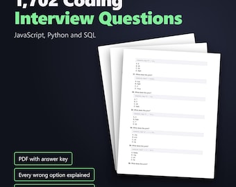 1702 Coding Interview Questions PDF Bundle, JavaScript Python SQL, Verified Answers, Developer Prep Guide