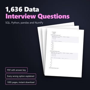 1636 Data Science Interview Questions PDF Bundle, SQL Python pandas NumPy, Verified Answers Explained